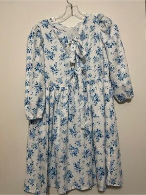 White Blue Floral babydoll dress size s kawaii cottagecore empire waist feminine